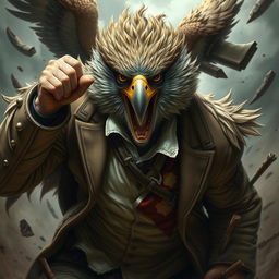 An Aracocra eagle folk gentleman caught in a moment of furious rage, blending elegance and primal intensity