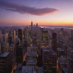 A dazzling cityscape at sunset, with skyscrapers of varying heights casting long shadows and the sky aglow with hues of red, orange, and purple.