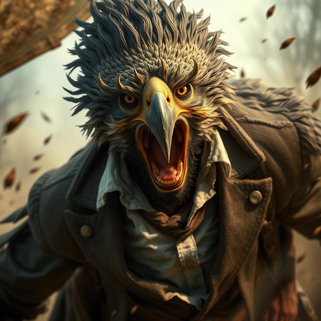 An Aracocra eagle folk gentleman caught in a moment of furious rage, blending elegance and primal intensity