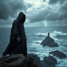 A mysterious figure dressed in dark, flowing robes, standing atop a cliff overlooking a stormy sea