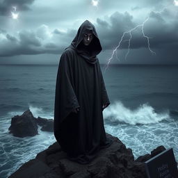 A mysterious figure dressed in dark, flowing robes, standing atop a cliff overlooking a stormy sea