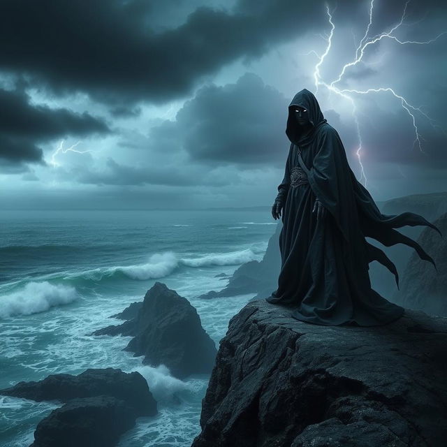 A mysterious figure dressed in dark, flowing robes, standing atop a cliff overlooking a stormy sea