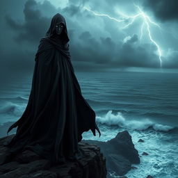 A mysterious figure dressed in dark, flowing robes, standing atop a cliff overlooking a stormy sea