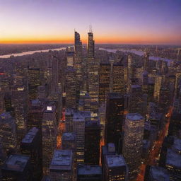 A dazzling cityscape at sunset, with skyscrapers of varying heights casting long shadows and the sky aglow with hues of red, orange, and purple.