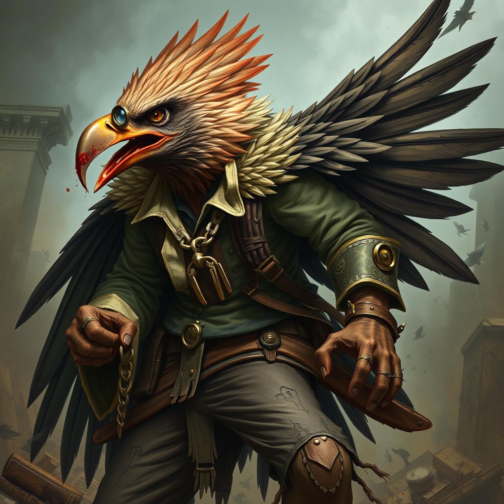 A full-body depiction of a raging Aracocra eagle folk gentleman, portraying a blend of intellect and primal ferocity