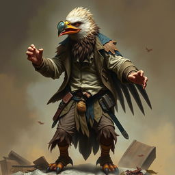 A full-body depiction of a raging Aracocra eagle folk gentleman, portraying a blend of intellect and primal ferocity