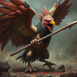 A majestic yet enraged barbarian bird in the midst of battle, covered in blood and wielding a formidable lance