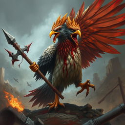 A majestic yet enraged barbarian bird in the midst of battle, covered in blood and wielding a formidable lance