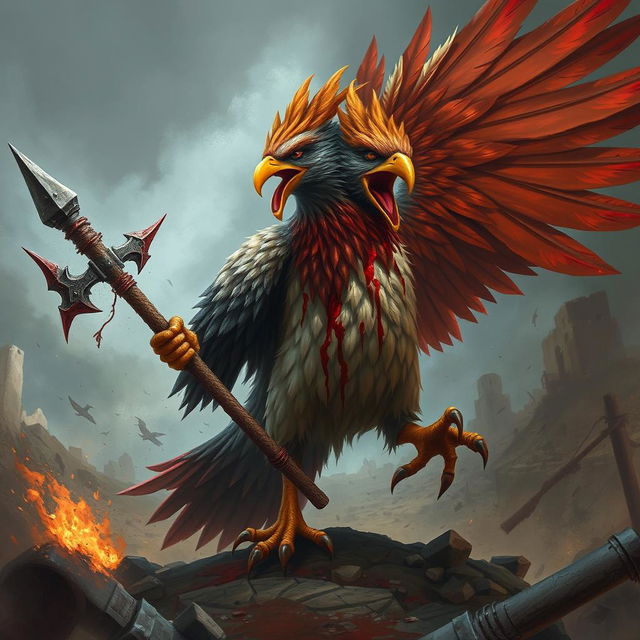 A majestic yet enraged barbarian bird in the midst of battle, covered in blood and wielding a formidable lance