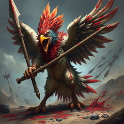 A majestic yet enraged barbarian bird in the midst of battle, covered in blood and wielding a formidable lance