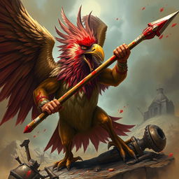 A majestic yet enraged barbarian bird in the midst of battle, covered in blood and wielding a formidable lance