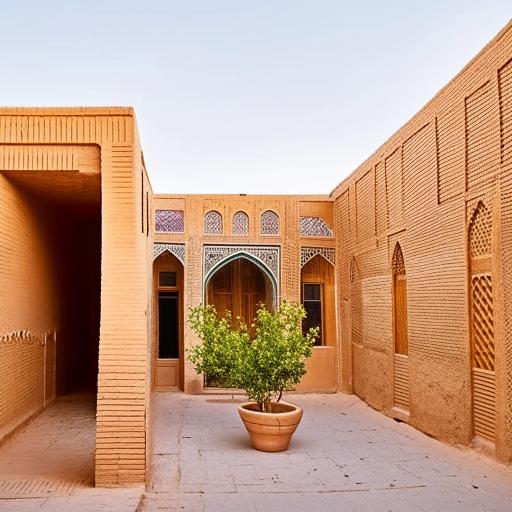 Traditional Persian house with old Iranian architecture located in Yazd, embodied by sun-baked brick walls, wind towers, and stunning stained glass windows.