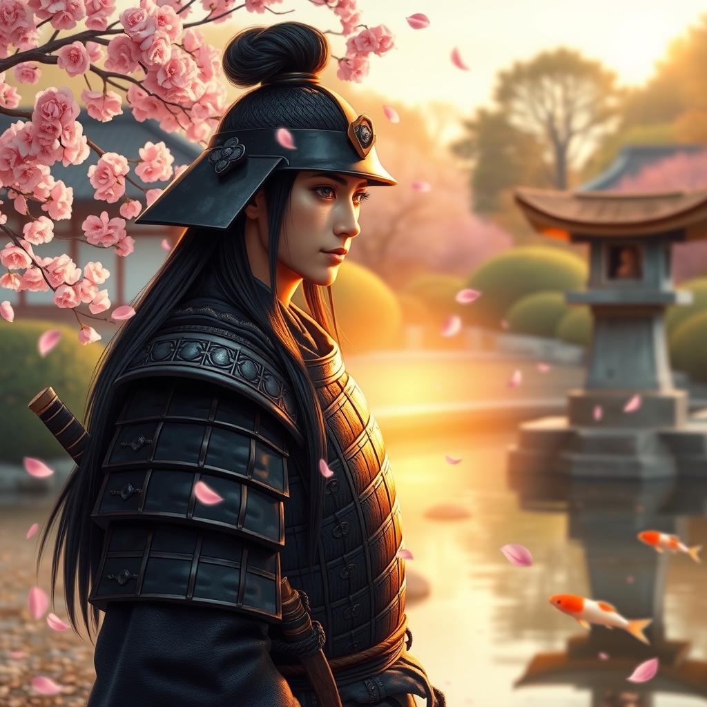 A detailed portrait of a samurai standing in a serene Japanese garden