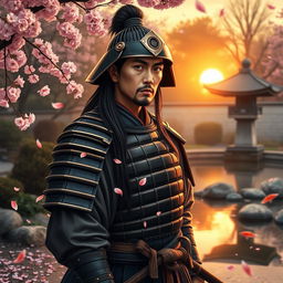 A detailed portrait of a samurai standing in a serene Japanese garden