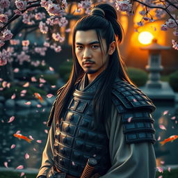 A detailed portrait of a samurai standing in a serene Japanese garden