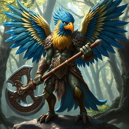 A majestic birdfolk barbarian, blending elegance with strength