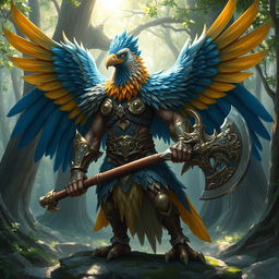 A majestic birdfolk barbarian, blending elegance with strength