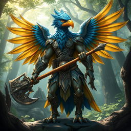 A majestic birdfolk barbarian, blending elegance with strength