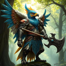 A majestic birdfolk barbarian, blending elegance with strength