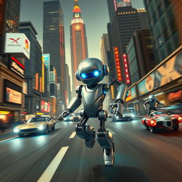 Create an image of a retro-style robot in an exciting race through a futuristic cityscape