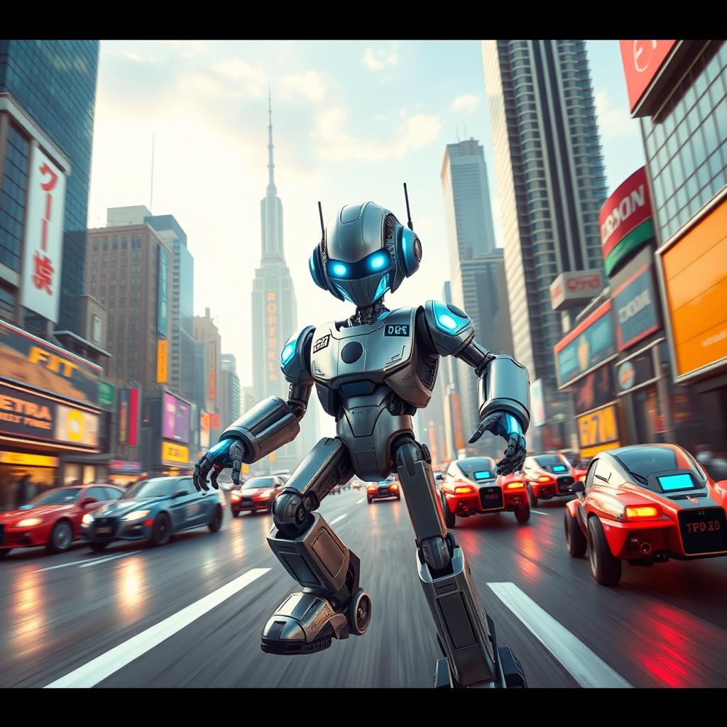 Create an image of a retro-style robot in an exciting race through a futuristic cityscape