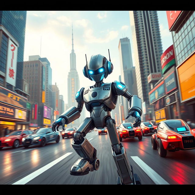 Create an image of a retro-style robot in an exciting race through a futuristic cityscape