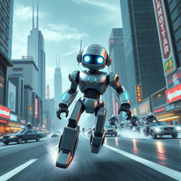 Create an image of a retro-style robot in an exciting race through a futuristic cityscape