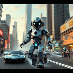 Create an image of a retro-style robot in an exciting race through a futuristic cityscape