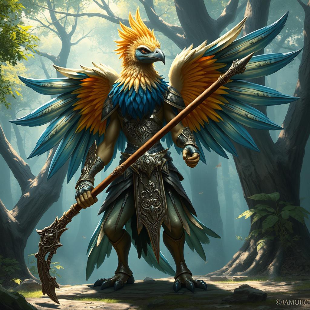 A majestic birdfolk barbarian, blending elegance with strength