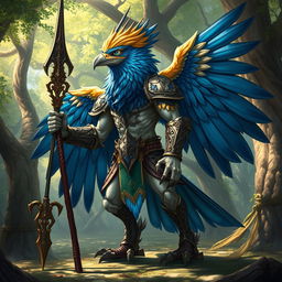 A majestic birdfolk barbarian, blending elegance with strength