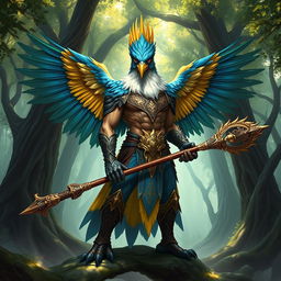 A majestic birdfolk barbarian, blending elegance with strength