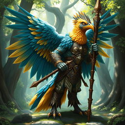 A majestic birdfolk barbarian, blending elegance with strength