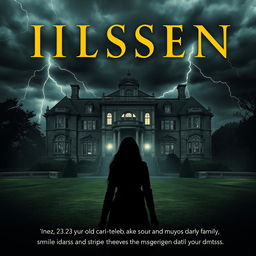 A gripping cover for a mystery/thriller book depicting the outside of a grand, sinister mansion enveloped in a tumultuous storm