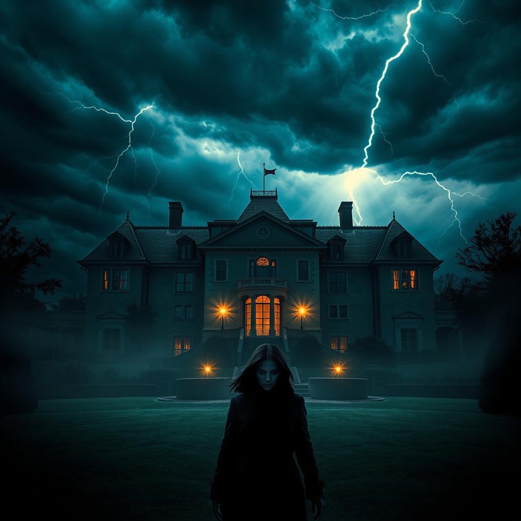 A gripping cover for a mystery/thriller book depicting the outside of a grand, sinister mansion enveloped in a tumultuous storm