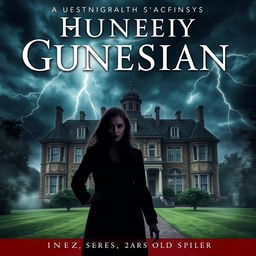 A gripping cover for a mystery/thriller book depicting the outside of a grand, sinister mansion enveloped in a tumultuous storm