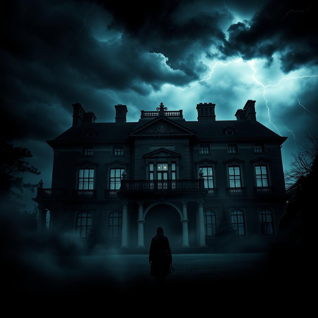 A mysterious, atmospheric image of a grand mansion set amidst a raging storm for a mystery/thriller book cover