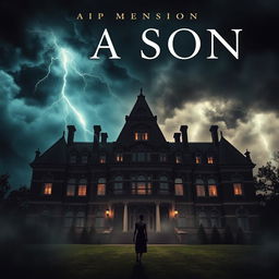 A mysterious, atmospheric image of a grand mansion set amidst a raging storm for a mystery/thriller book cover