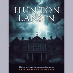 A mysterious, atmospheric image of a grand mansion set amidst a raging storm for a mystery/thriller book cover