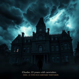 A mysterious, atmospheric image of a grand mansion set amidst a raging storm for a mystery/thriller book cover