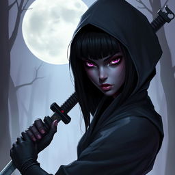 A drow woman with black hair, her penetrating purple eyes glimmering with stealth