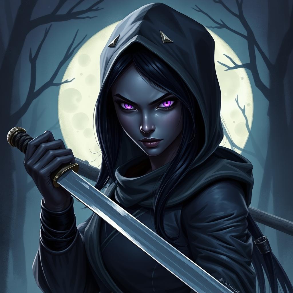 A drow woman with black hair, her penetrating purple eyes glimmering with stealth