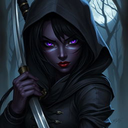 A drow woman with black hair, her penetrating purple eyes glimmering with stealth