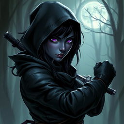 A drow woman with black hair, her penetrating purple eyes glimmering with stealth