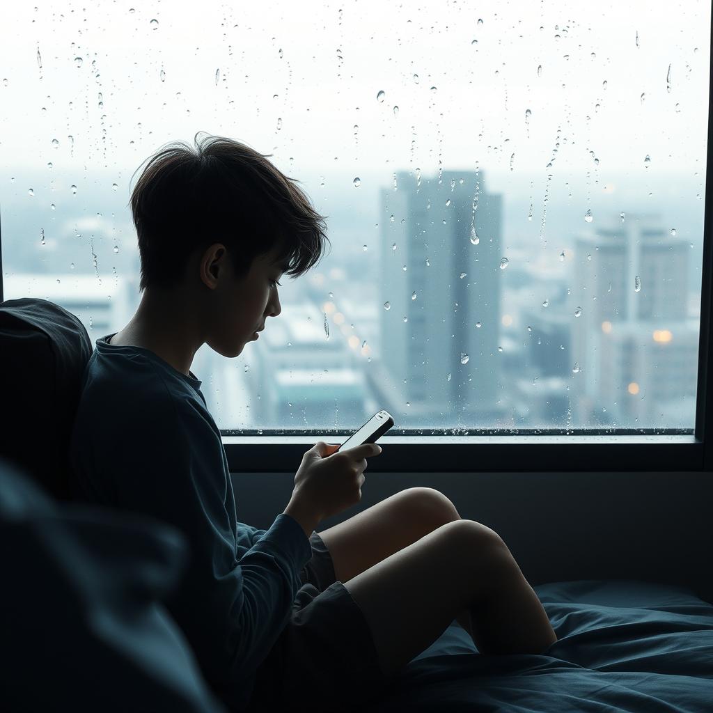 An 18-year-old boy with short hair, sitting alone in his room in a building, looking at his phone on a rainy morning