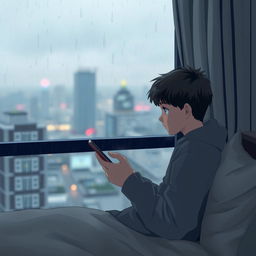 An 18-year-old boy with short hair, sitting alone in his room in a building, looking at his phone on a rainy morning