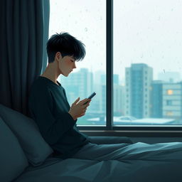 An 18-year-old boy with short hair, sitting alone in his room in a building, looking at his phone on a rainy morning