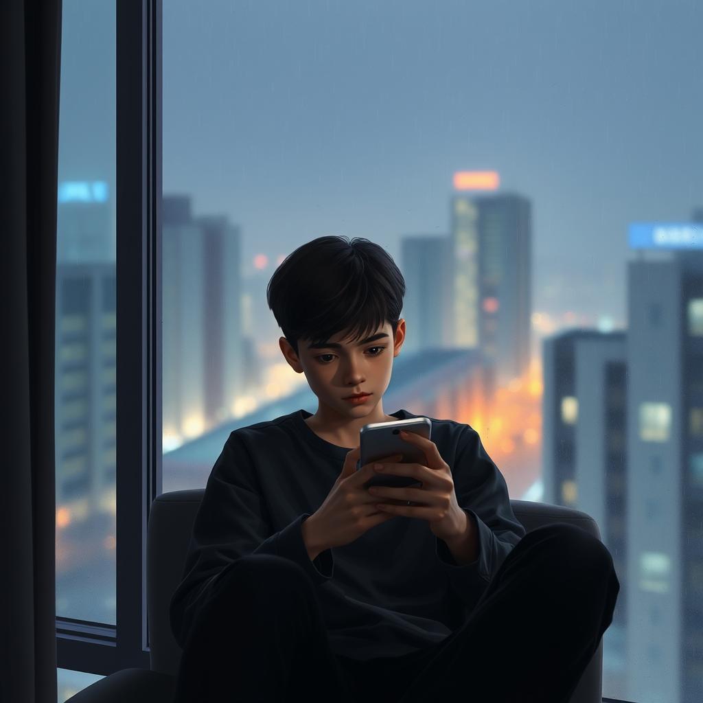 An 18-year-old boy with short hair, sitting alone in his room in a building, looking at his phone on a rainy morning