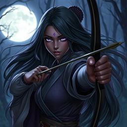 A beautiful drow woman with flowing black hair and enchanting purple eyes, exuding elegance and stealth