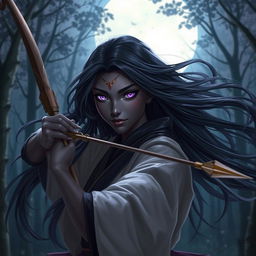 A beautiful drow woman with flowing black hair and enchanting purple eyes, exuding elegance and stealth