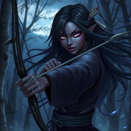 A beautiful drow woman with flowing black hair and enchanting purple eyes, exuding elegance and stealth